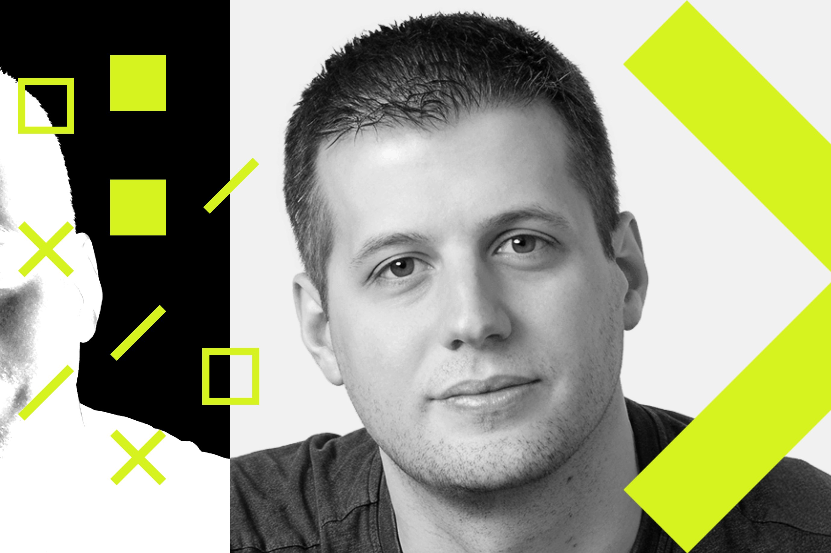 Black-and-white portrait of a man alongside neon-green geometric graphics.
