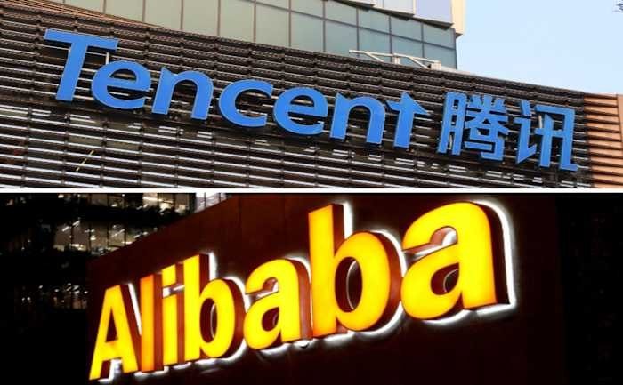 The image is split into two sections: the top shows a blue "Tencent 腾讯" sign on a building, and the bottom shows an illuminated orange "Alibaba" sign at night.