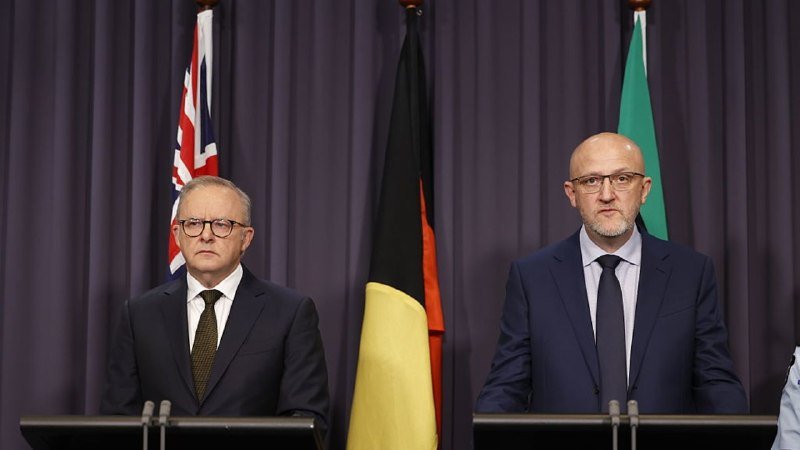 Two men in dark suits stand behind podiums at a press conference, with the Australian and German flags visible against a dark curtain backdrop.