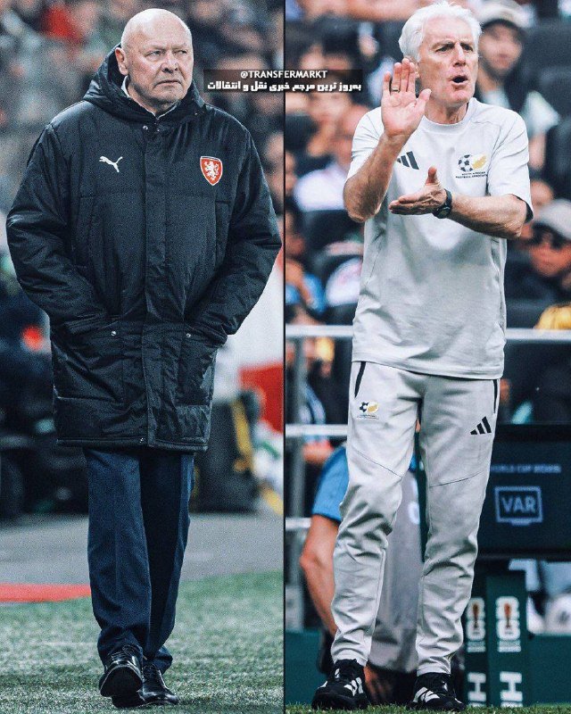 Side-by-side image showing two older men on football sidelines, one in a black Czech Republic jacket and the other gesturing in a white Adidas tracksuit near a VAR monitor.