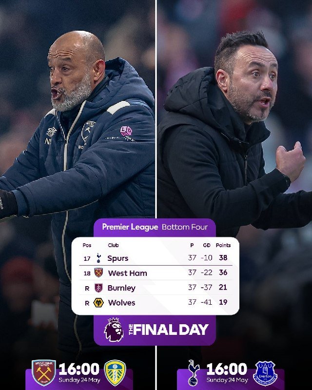 Split image shows two shouting men in dark coats alongside a Premier League graphic listing Spurs, West Ham, Burnley, and Wolves in the bottom four ahead of Sunday's final-day matches.