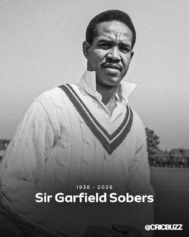 Black-and-white photo of a man in a cricket sweater with text "1936 - 2026 Sir Garfield Sobers" and "@CRICBUZZ" watermark.