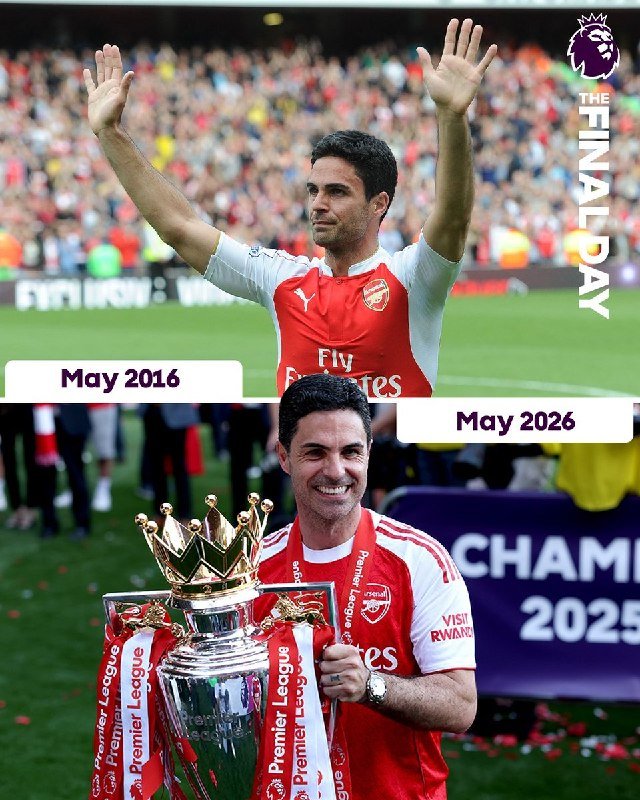 A split graphic contrasts a man in an Arsenal jersey raising both arms to a crowd in May 2016 with the same smiling man holding a Premier League trophy in May 2026.