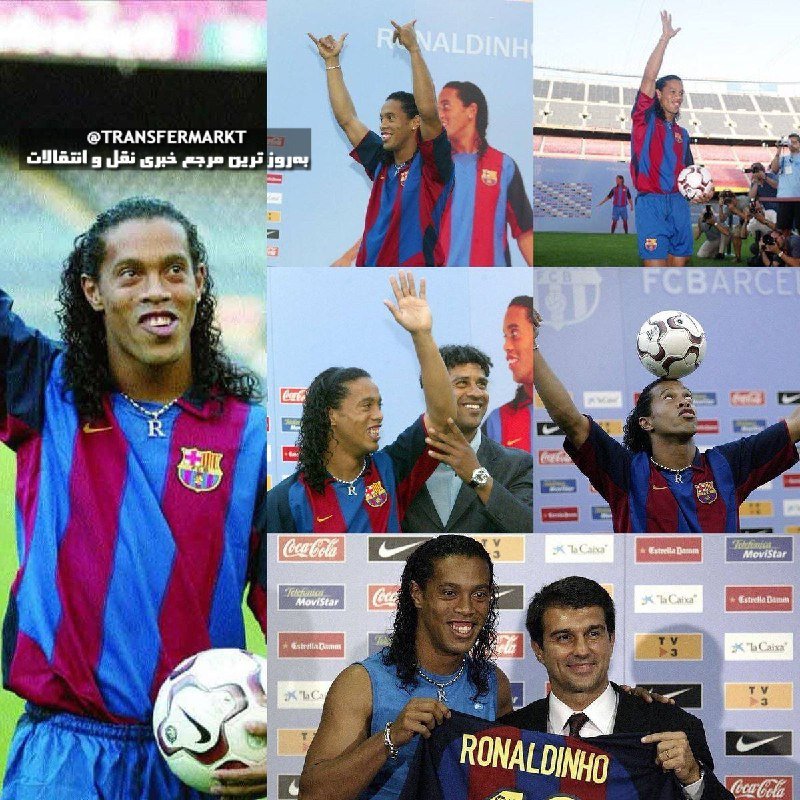 A young soccer player with long hair appears in multiple photos wearing a red and blue striped FC Barcelona jersey, holding a soccer ball, waving, and posing with another man holding a "RONALDINHO" jersey.
