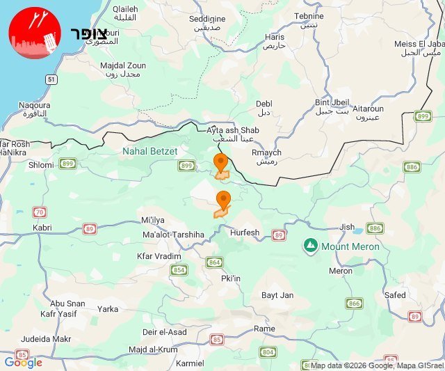 A digital map displays the northern Israel-Lebanon border region with orange location pins marking spots near Ayta ash Shab and Hurfesh.