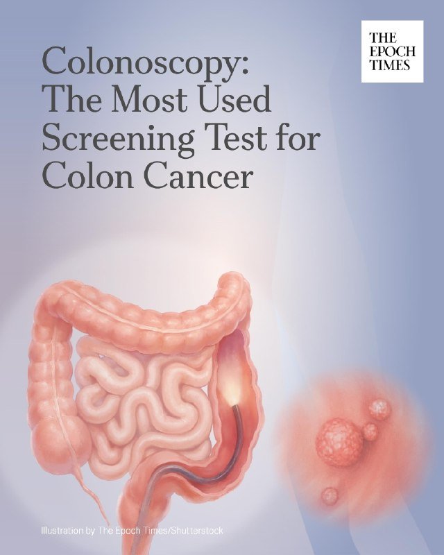 A medical illustration shows a human colon with a colonoscope inserted, alongside a magnified view of polyps, under the heading "Colonoscopy: The Most Used Screening Test for Colon Cancer."