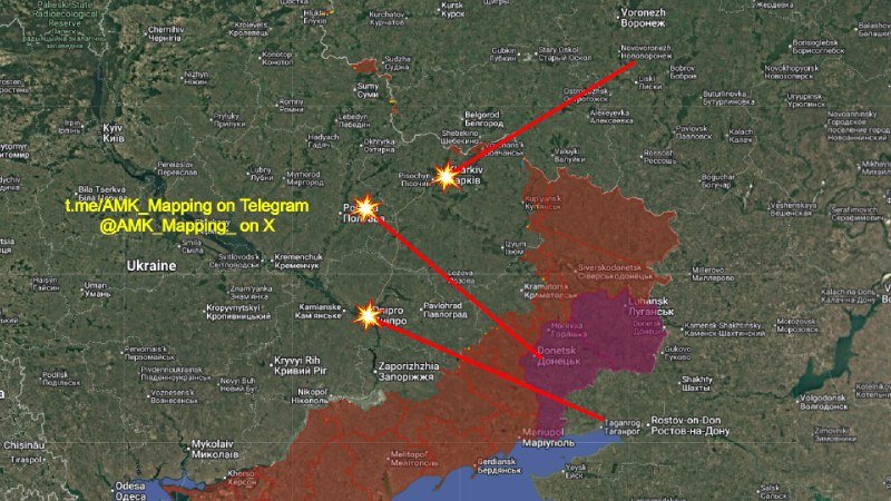 Satellite map of eastern Ukraine showing red arrows pointing toward Ukrainian cities with explosion graphics, attributed to "@AMK_Mapping on Telegram" and "@AMK_Mapping on X."