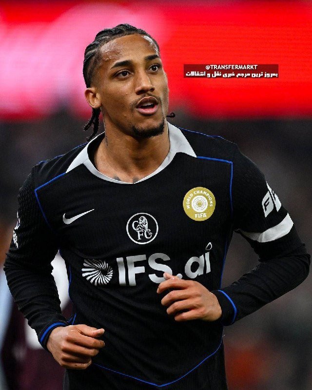A braided soccer player wearing a black Chelsea FC jersey with "IFS.ai" and a FIFA World Champions badge runs against a red-lit background.