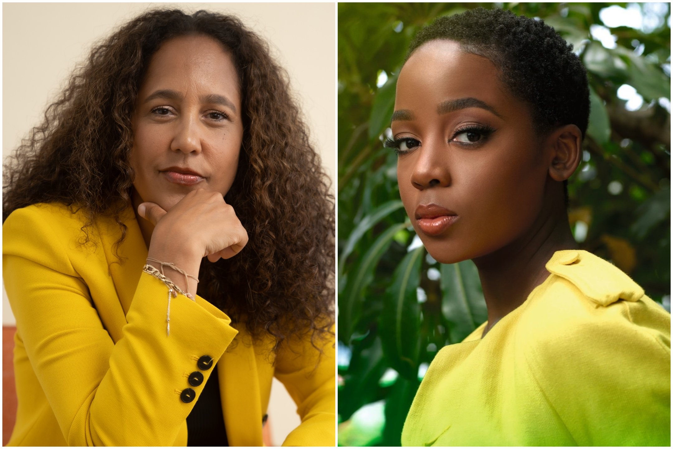 Two women pose in separate portrait photographs, both wearing yellow blazers—one indoors against a beige wall with curly hair, the other outdoors among green foliage with short hair.