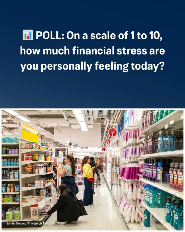 A graphic overlay above a store aisle photo asks readers to rate their financial stress on a 1–10 scale, while shoppers browse shelves below.