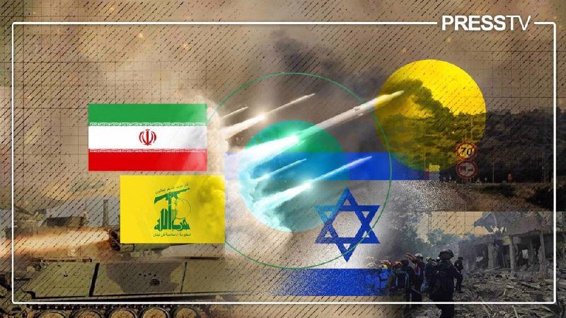 Composite graphic showing Iran's and Hezbollah's flags alongside Israel's Star of David, overlaid on a battlefield with tanks, gunfire, and a "PRESS TV" logo.