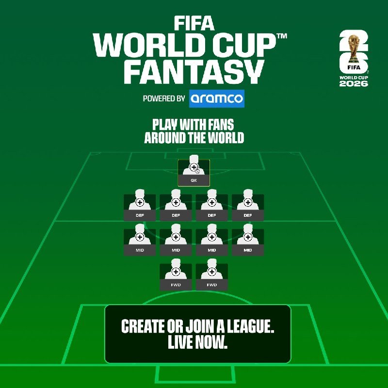 Promotional graphic for "FIFA World Cup Fantasy, powered by Aramco," displaying a soccer formation with GK, DEF, MID, and FWD positions and a "Create or Join a League" button.