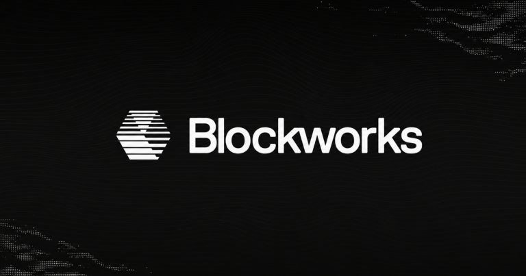 The Blockworks logo, featuring a striped hexagon icon and the company name in white text, appears centered on a dark, textured background.