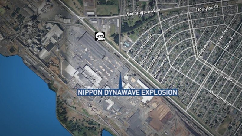 Aerial map graphic labels an industrial waterfront site near Washington Way and Highway 432 as the "NIPPON DYNAWAVE EXPLOSION" location.