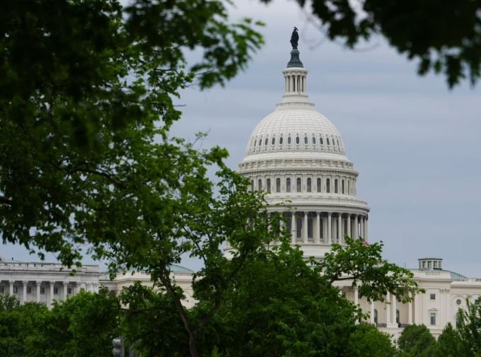 The white domed U.S. Capitol building rises behind green tree branches against a cloudy sky.