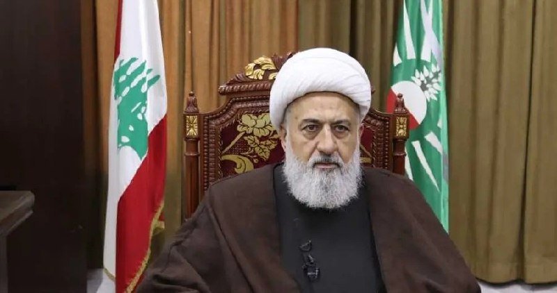 A bearded man wearing a white turban and dark robes sits in an ornately carved chair, with the Lebanese flag and a green emblem flag visible behind him.