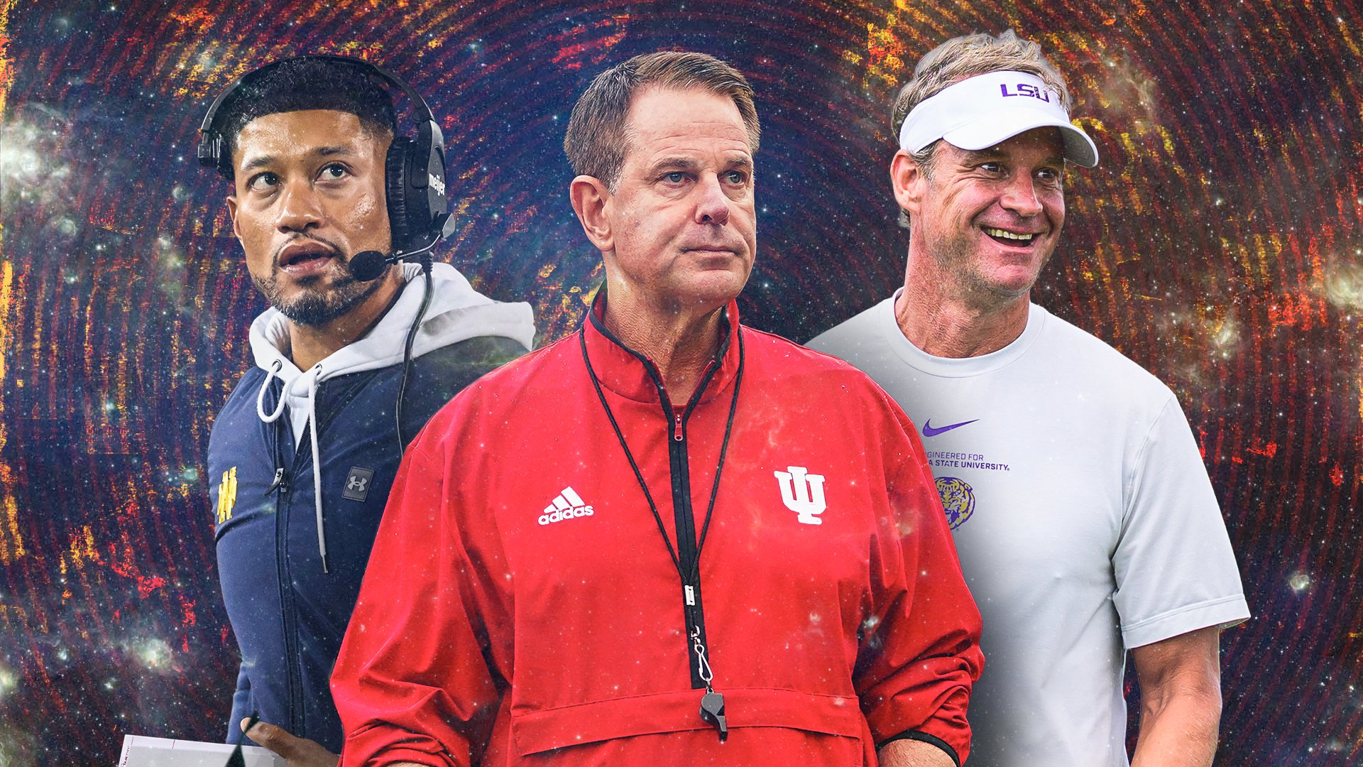 Three men in college football coaching apparel stand against a swirling cosmic graphic background.