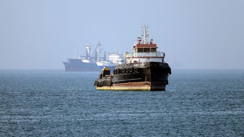 A black and rust-colored tugboat floats on calm water, with a larger cargo ship visible in the hazy background.