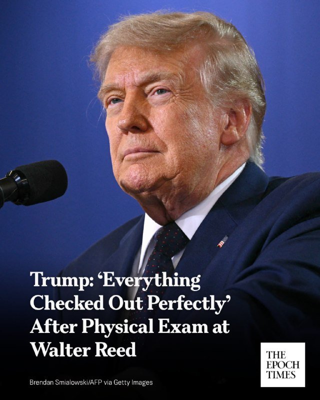 An older man with blonde hair in a dark suit speaks into a microphone against a blue backdrop, with overlaid text from The Epoch Times about a physical exam.