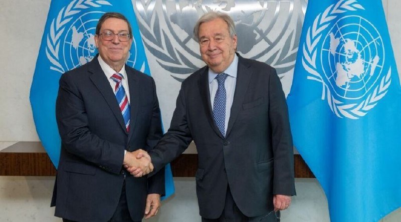 Two men in dark suits shake hands and smile in front of two United Nations flags.
