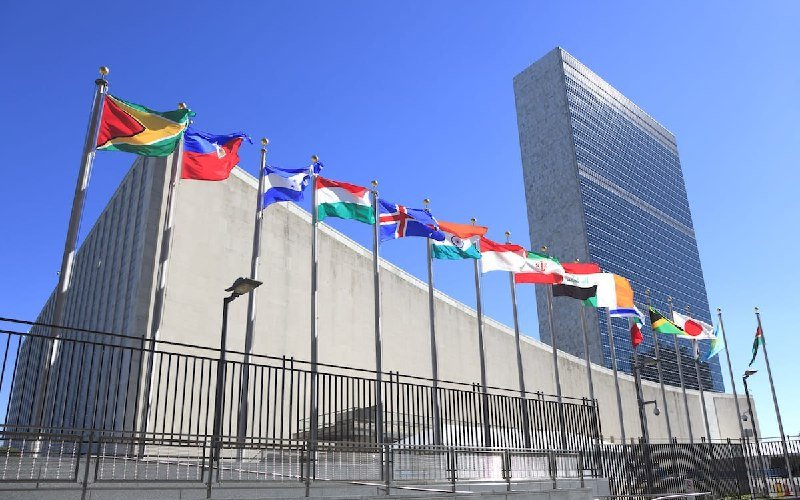 A row of international flags flies on tall poles outside a modern glass-and-stone building under a clear blue sky.