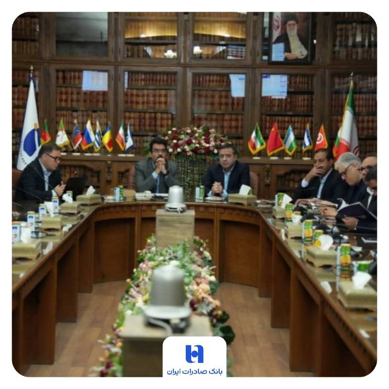 Men in suits seated around a U-shaped table in a wood-paneled room lined with bookshelves and small national flags, with a floral arrangement and an Iran flag visible.