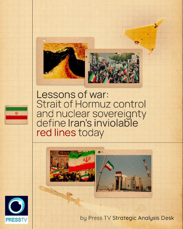 A Press TV graphic titled "Lessons of war" displays polaroid-style images of crowds with Iranian flags, a nuclear facility, and military hardware alongside text about Iran's red lines.