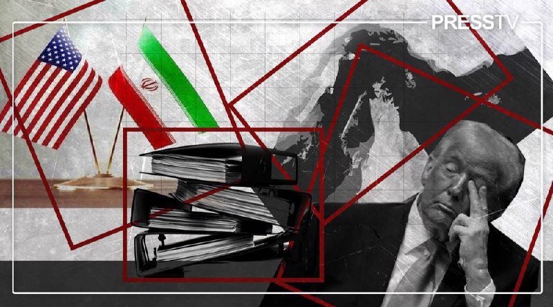 A graphic illustration shows U.S. and Iranian flags beside stacked binders and a man in a suit resting his forehead on his hand, overlaid with red geometric lines and a world map, watermarked "PRESS TV."