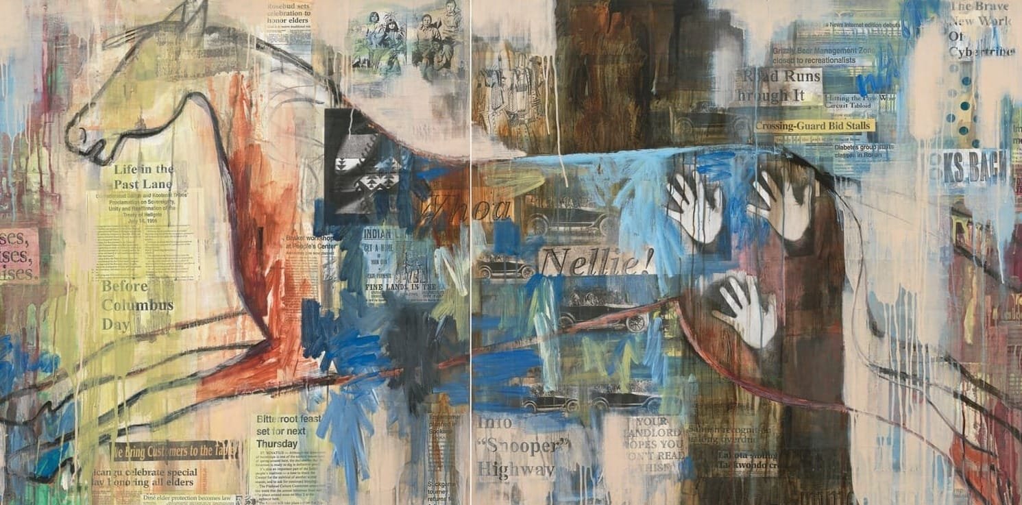 A mixed-media painting features a large outlined horse figure overlaid with newspaper clippings, including headlines like "Nellie!" and "Life in the Past Lang," alongside painted handprints and streaks of blue and brown.