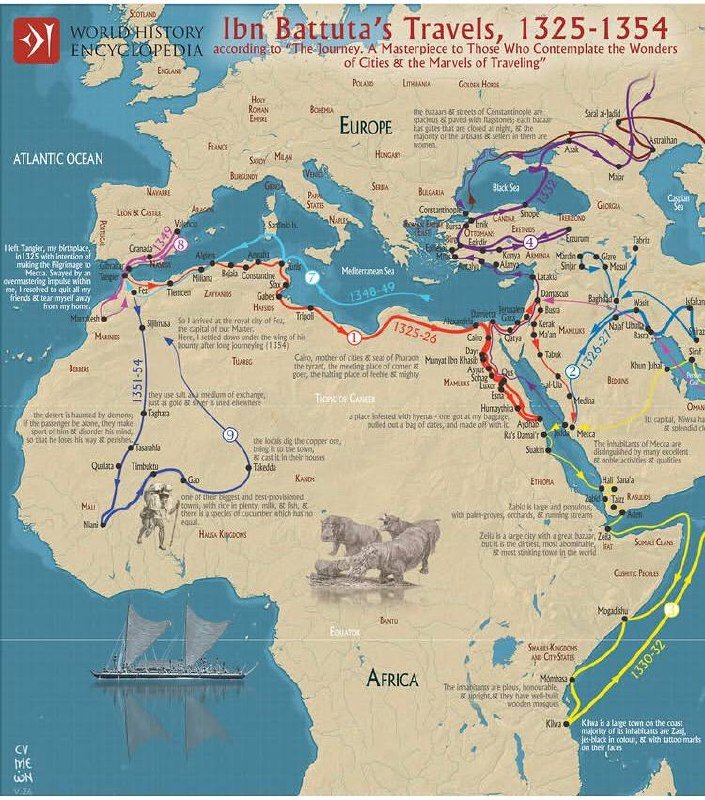 Color-coded illustrated map titled "Ibn Battuta's Travels, 1325-1354," tracing numbered journey routes across Europe, Africa, and the Middle East, featuring a sailing ship and animal illustrations.
