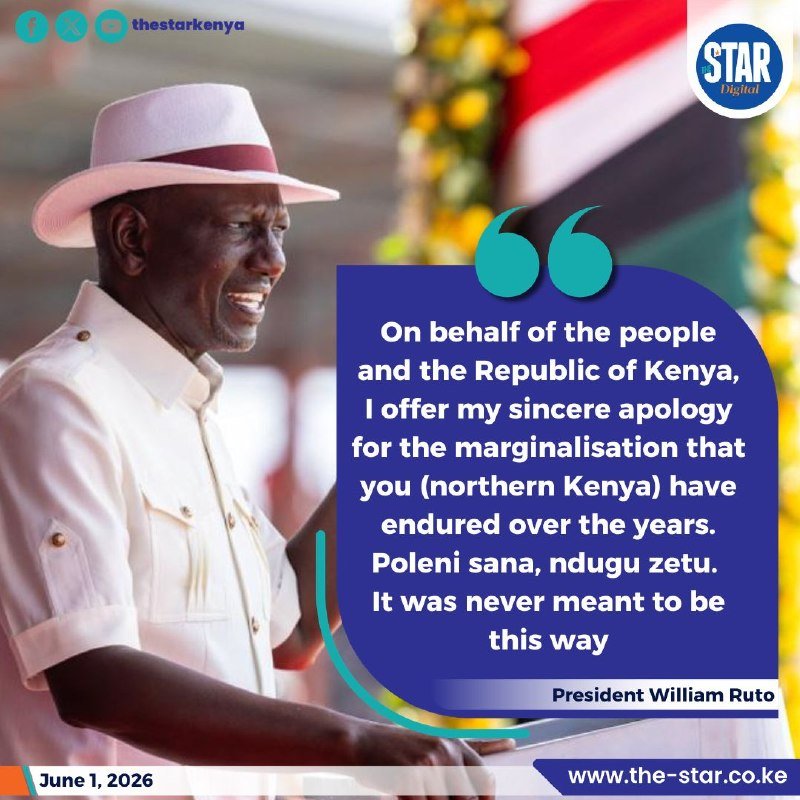 A graphic features a smiling man in a white hat and shirt standing near a Kenyan flag, with a quote attributed to "President William Ruto" displayed in a speech bubble.