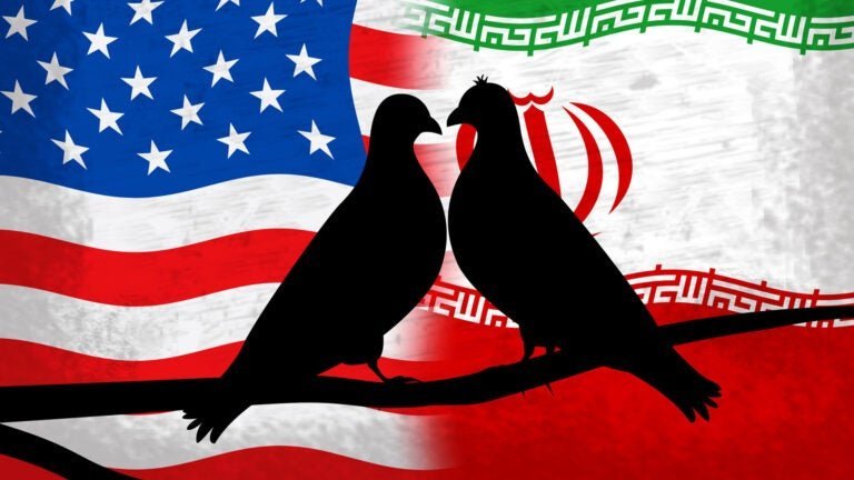 Two black bird silhouettes perched on a branch against a split background showing the US flag on the left and the Iranian flag on the right.