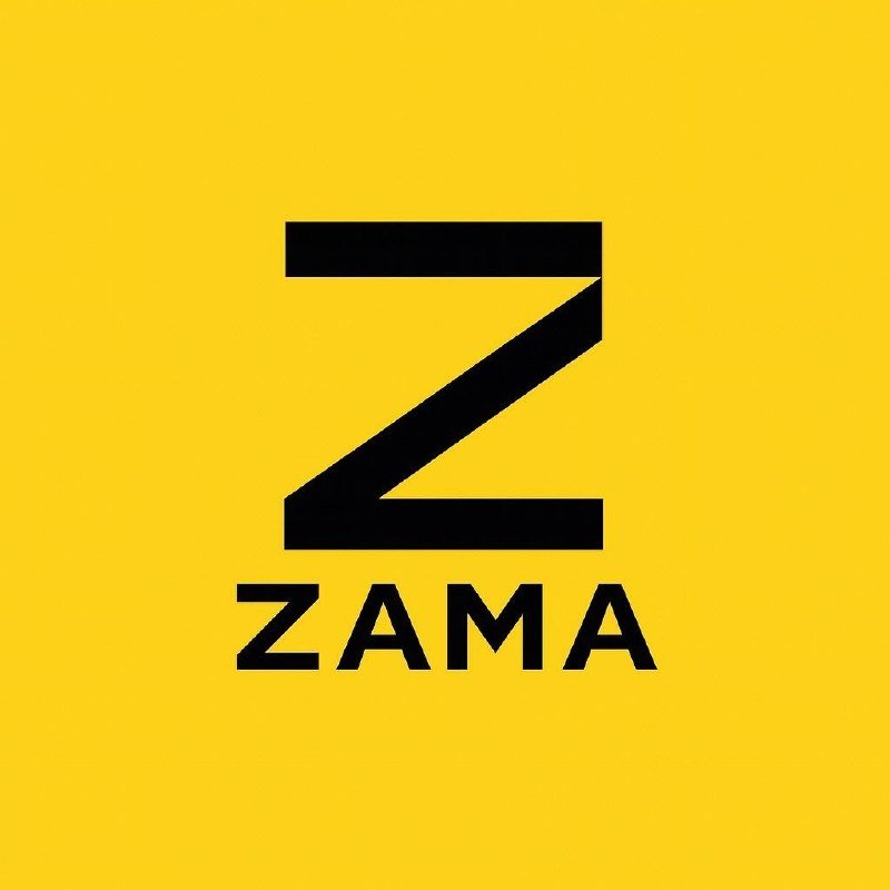 A yellow graphic displays a stylized black letter "Z" centered above the word "ZAMA" in bold black capital letters.
