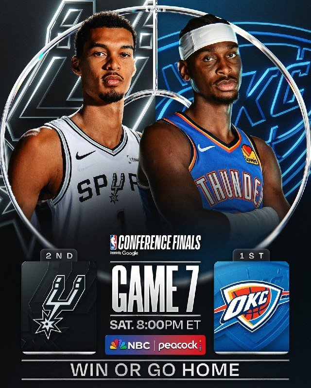 A promotional graphic displays two basketball players in Spurs and Thunder jerseys above text reading "NBA Conference Finals Game 7," scheduled for Saturday at 8:00 PM ET on NBC and Peacock.