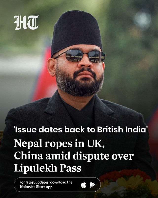 A bearded man wearing a black cap, sunglasses, and a dark suit is shown in a portrait-style image with overlaid text reading "Nepal ropes in UK, China amid dispute over Lipulekh Pass."