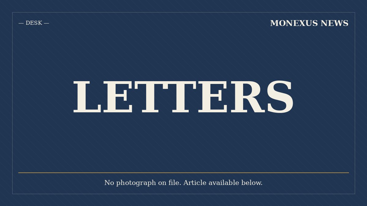 A graphic illustration features a dark blue background with the words "LETTERS" in large white serif text, "MONEXUS NEWS" at the top right, and a notice stating no photograph is on file.