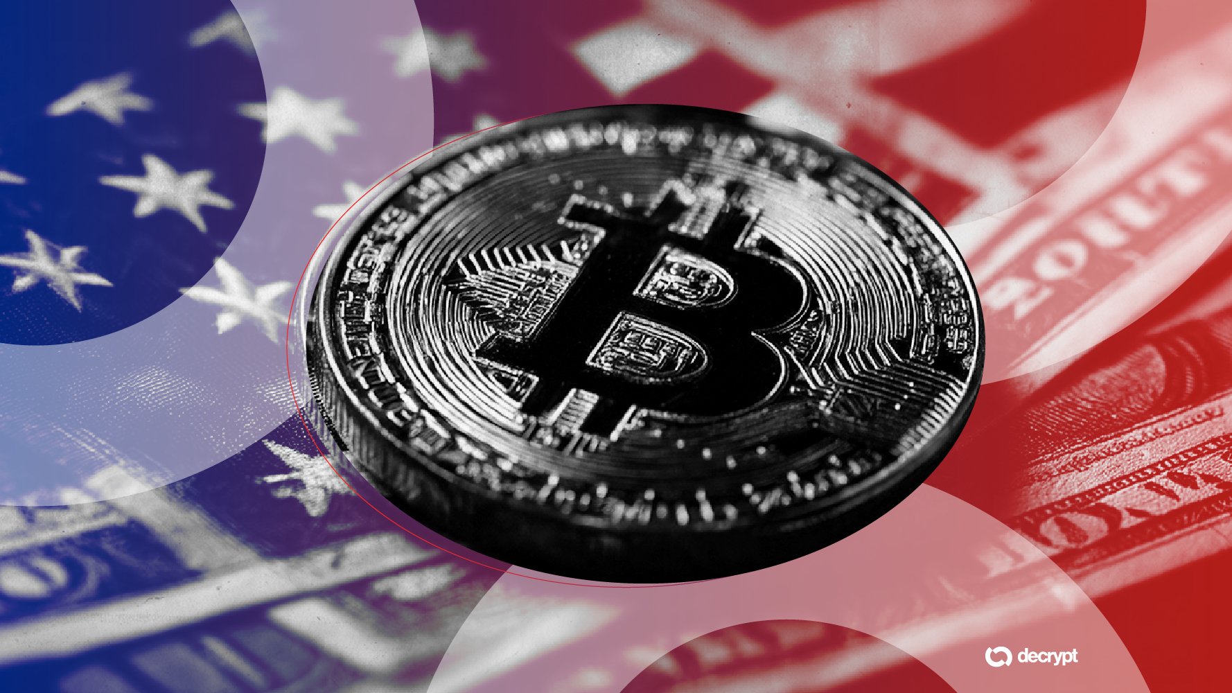 A black Bitcoin coin rests against a blurred American flag background, with a "decrypt" logo in the corner.