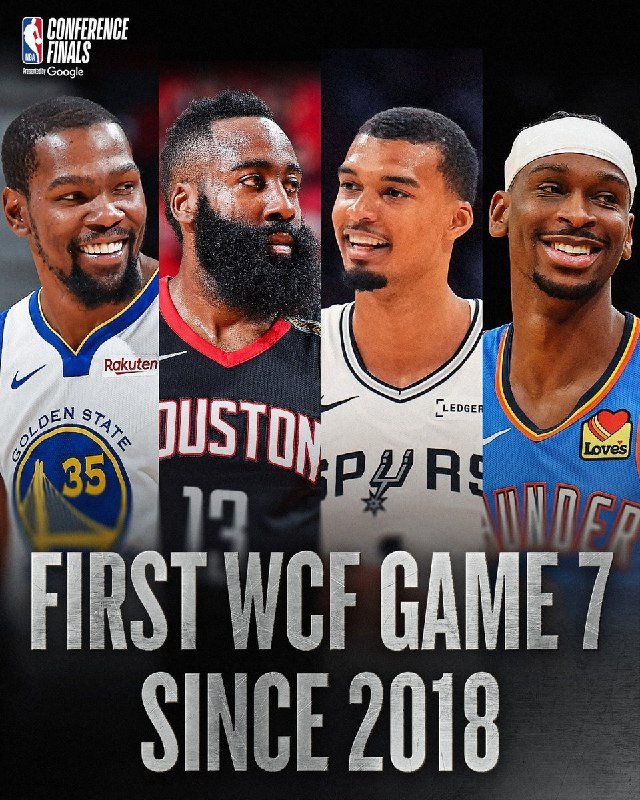 NBA Conference Finals promotional graphic showing four smiling basketball players in Warriors, Rockets, Spurs, and Thunder jerseys with text reading "FIRST WCF GAME 7 SINCE 2018."