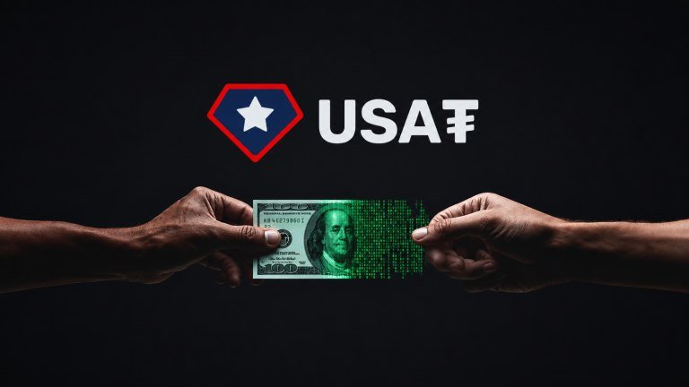Two hands hold a U.S. hundred-dollar bill transitioning into green digital code against a black background, beneath a red diamond logo reading "USA₿."