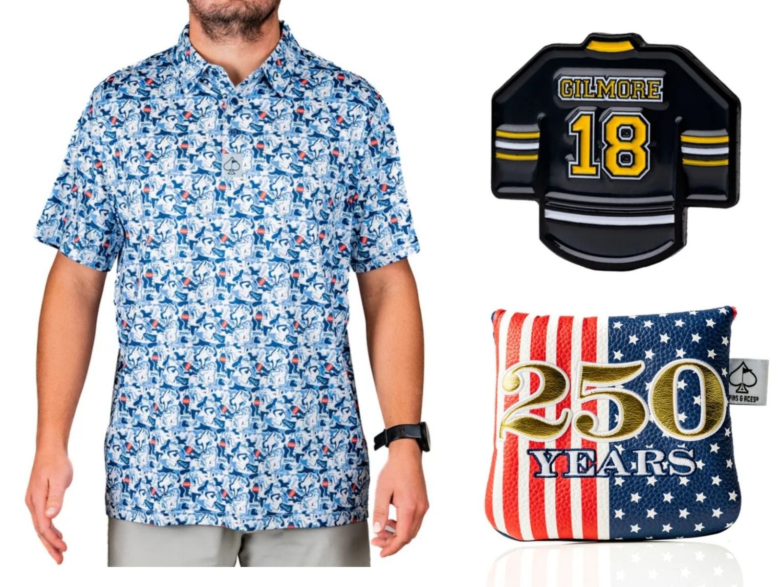 Product display showing a man wearing a blue patterned polo shirt, alongside a black hockey jersey-shaped accessory marked "GILMORE 18" and a patriotic-themed golf headcover reading "250 YEARS."