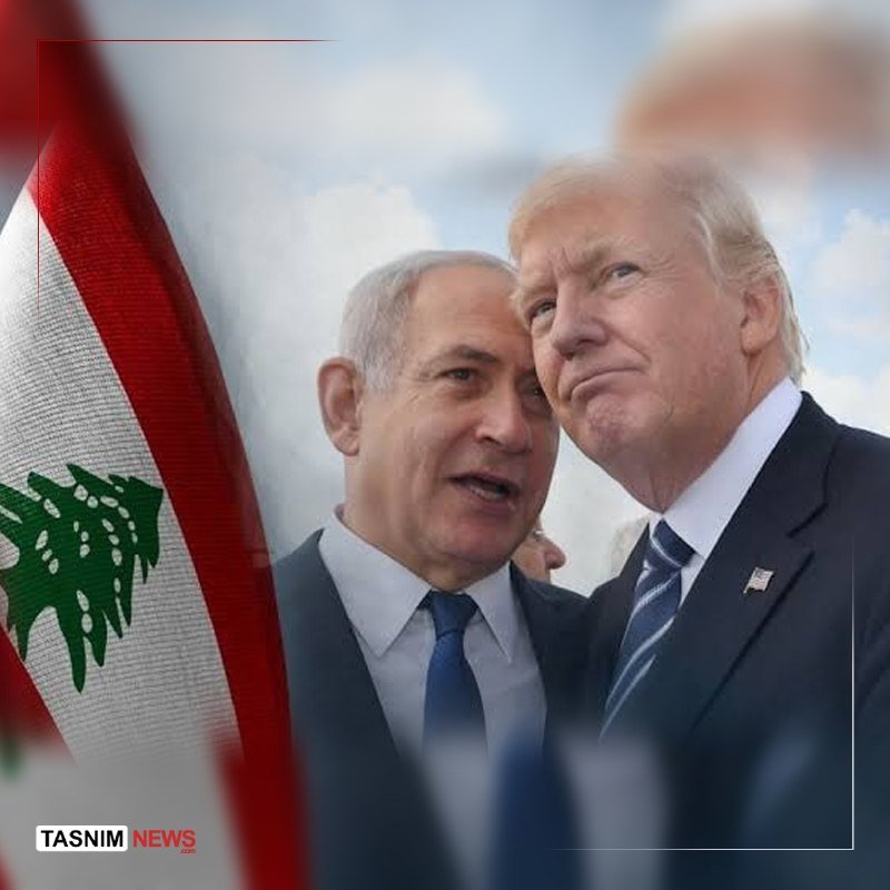 Two men in suits stand together outdoors near a Lebanese flag, with the "TASNIM NEWS" logo visible in the corner.