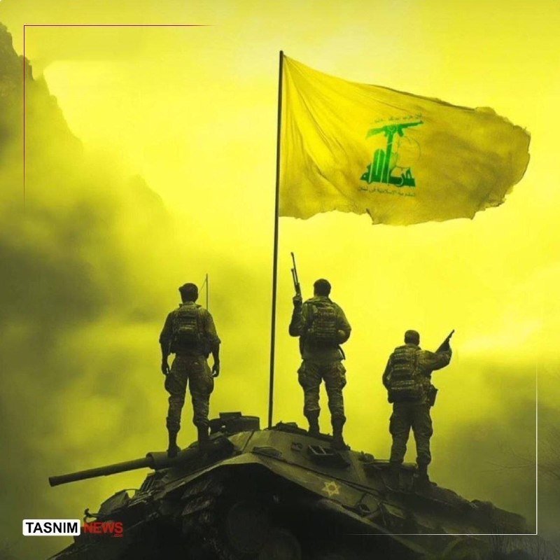 Illustration showing three silhouetted soldiers standing atop a tank, one raising a rifle beneath a yellow flag bearing a green emblem with Arabic script.