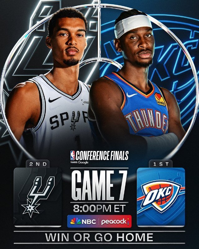Promotional graphic for NBA Conference Finals Game 7, featuring two basketball players in Spurs and Thunder jerseys above logos, scheduled for 8:00 PM ET on NBC/Peacock with the tagline "WIN OR GO HOME."
