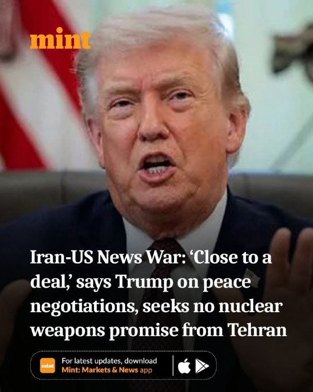 A man in a dark suit and red tie speaks in front of an American flag, overlaid with a "mint" logo and a headline about Iran-US peace negotiations.