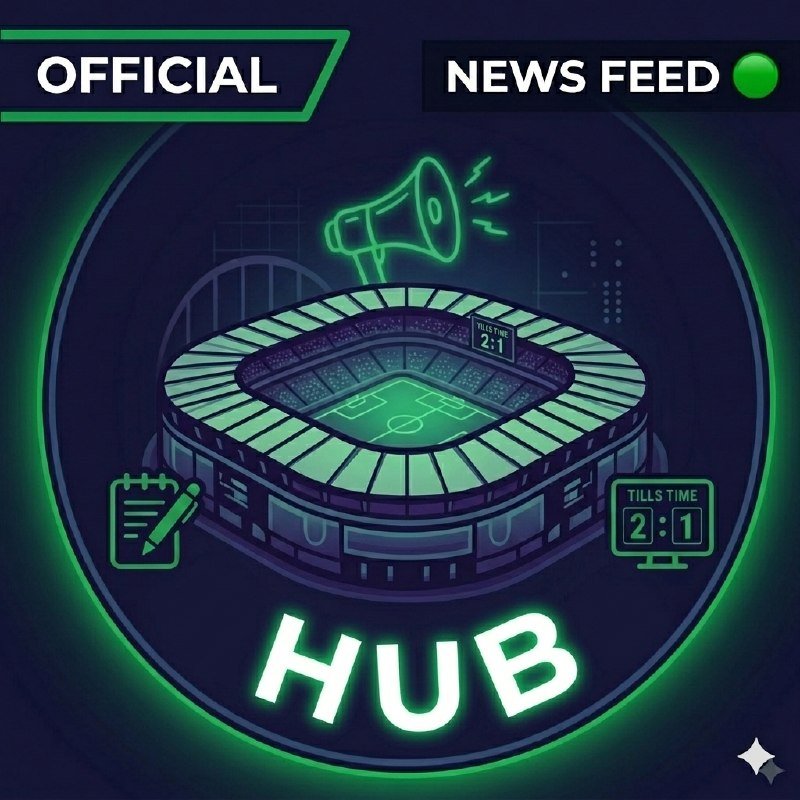 Digital graphic illustration displaying a neon-green stadium, megaphone, clipboard, and scoreboard above the word "HUB," labeled "OFFICIAL NEWS FEED."