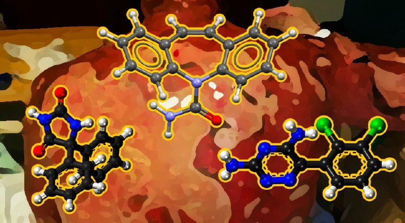 Three ball-and-stick molecular models with highlighted rings are displayed against a stylized reddish-brown rock formation.