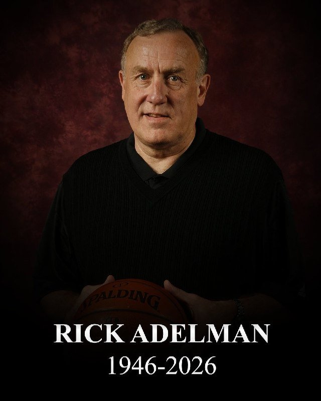 A portrait shows a man in a black sweater holding a Spalding basketball against a dark red backdrop, with text reading "RICK ADELMAN 1946-2026."