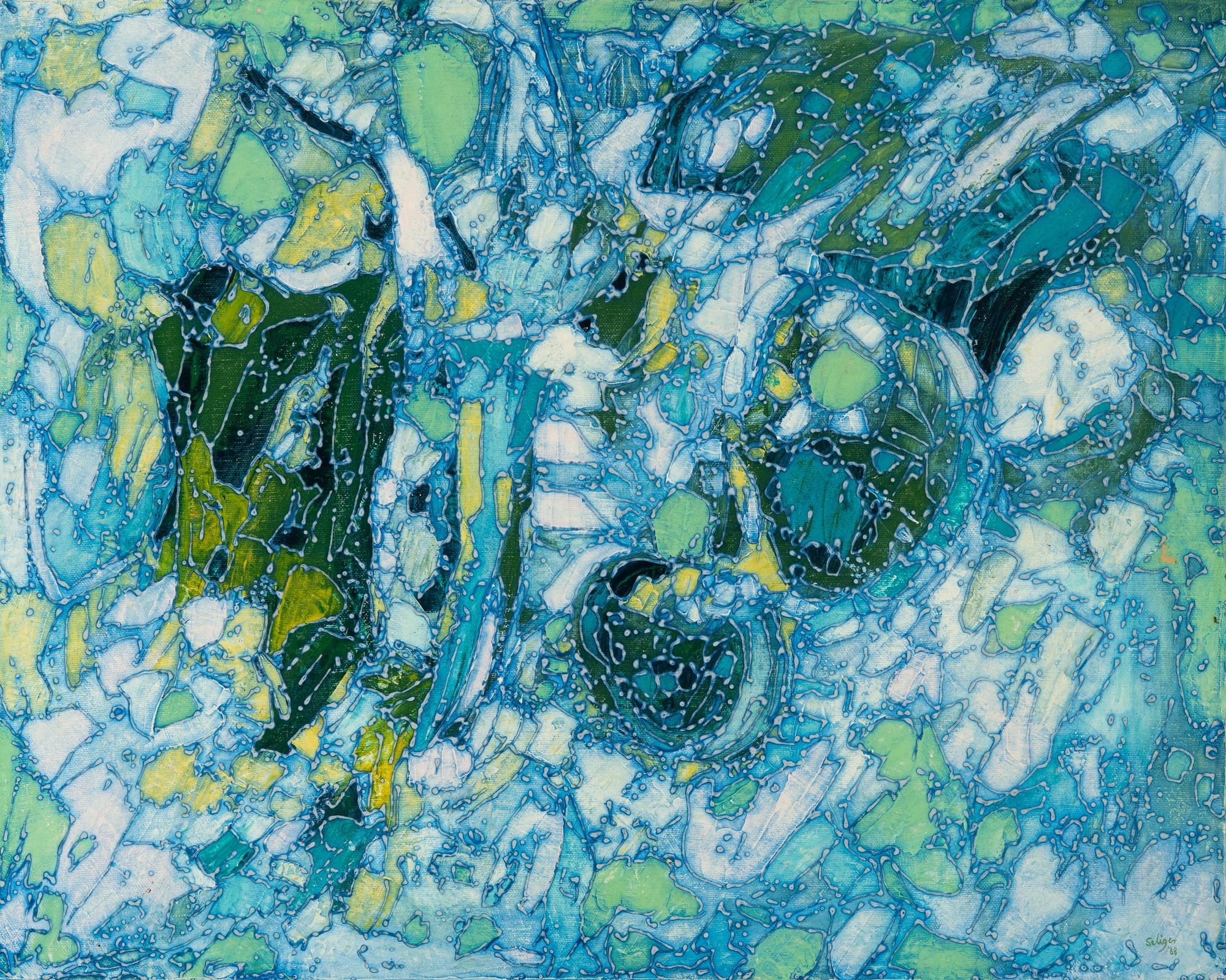 An abstract painting features swirling patterns of blue, green, white, and yellow with textured, web-like details across the canvas.