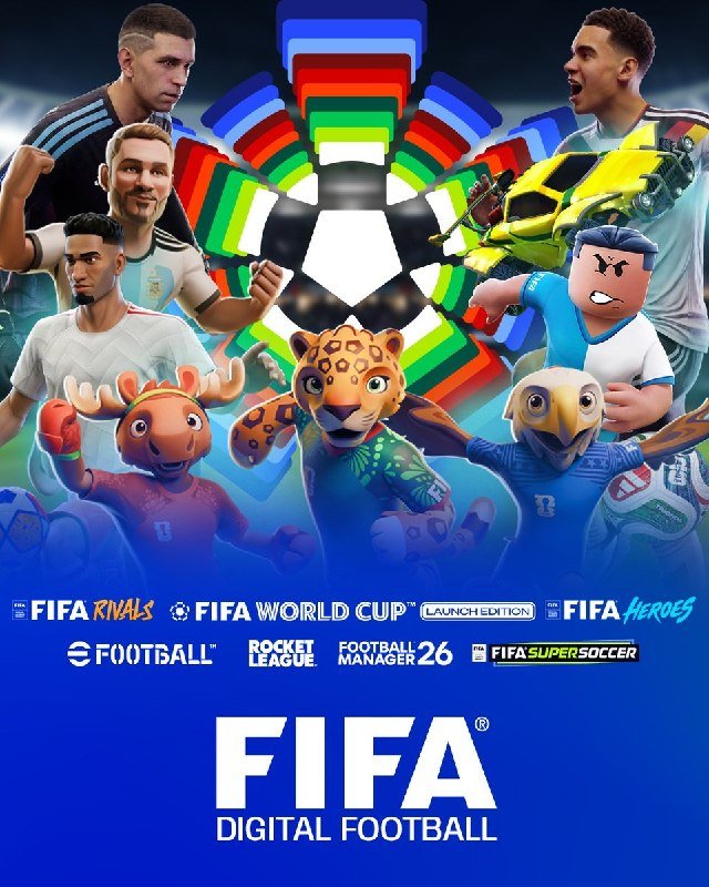 Promotional graphic for FIFA Digital Football showcases multiple game titles including FIFA Rivals, eFootball, Rocket League, and Football Manager 26, featuring illustrated soccer players, mascots, and vehicles around a central logo.