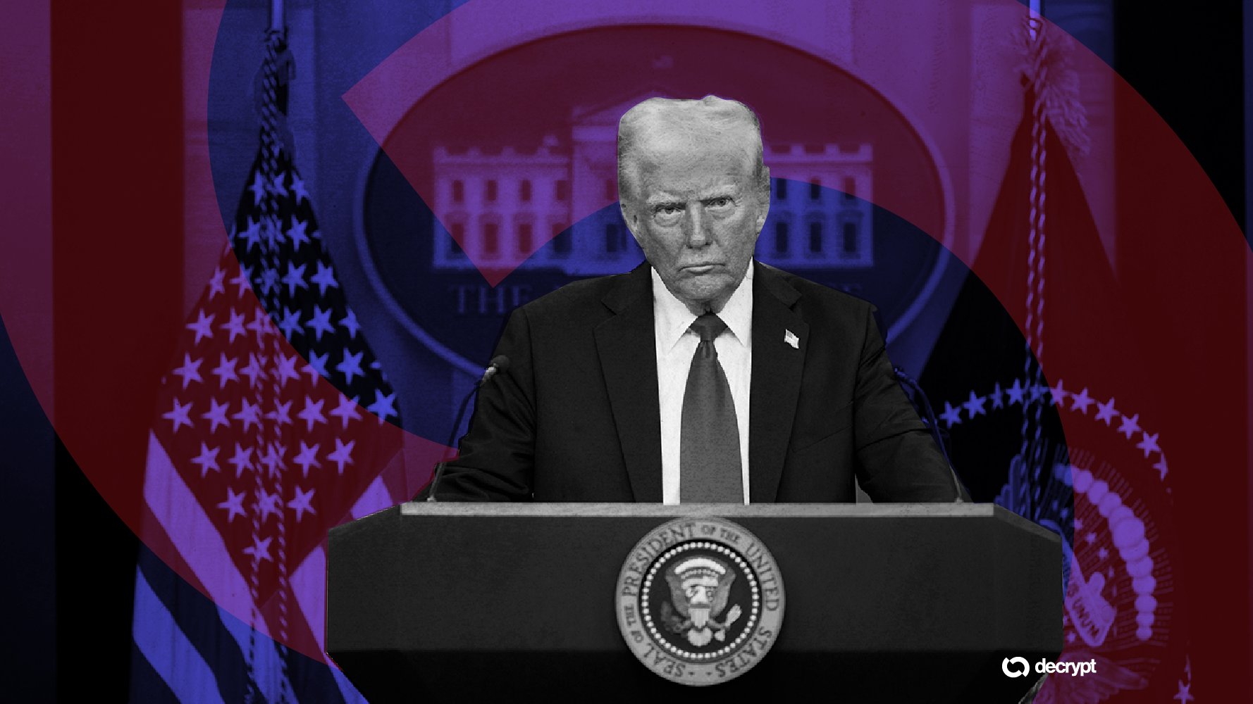A man in a dark suit stands at a podium bearing the Presidential Seal, overlaid with a red and blue graphic design and a "decrypt" logo.